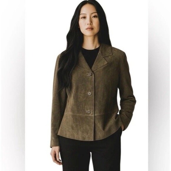 brandon thomas Jackets & Blazers - Brandon Thomas Womens Green Leather Suede Blazer Jacket Size S Long Sleeve Lined